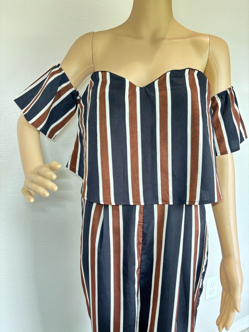 SHEIN Off-Shoulder Striped Jumpsuit in Black White & Brown - Picture 5 of 16